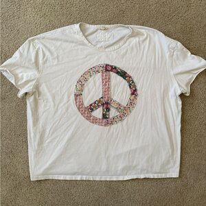 Off White Oversized T-Shirt with Floral Peace Sign